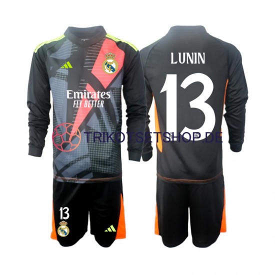 Real Madrid Torwart Andriy Lunin 13 2024-2025 Kinder Trikotset Auswärts Schwarz Langarm